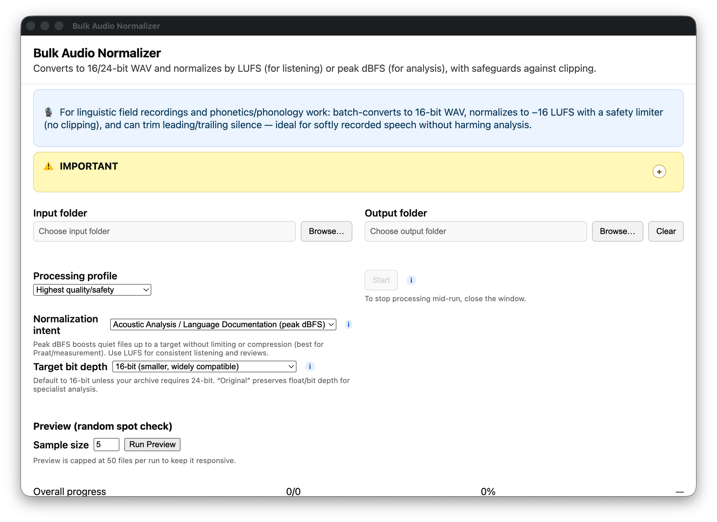 App main screen showing input/output selection and options