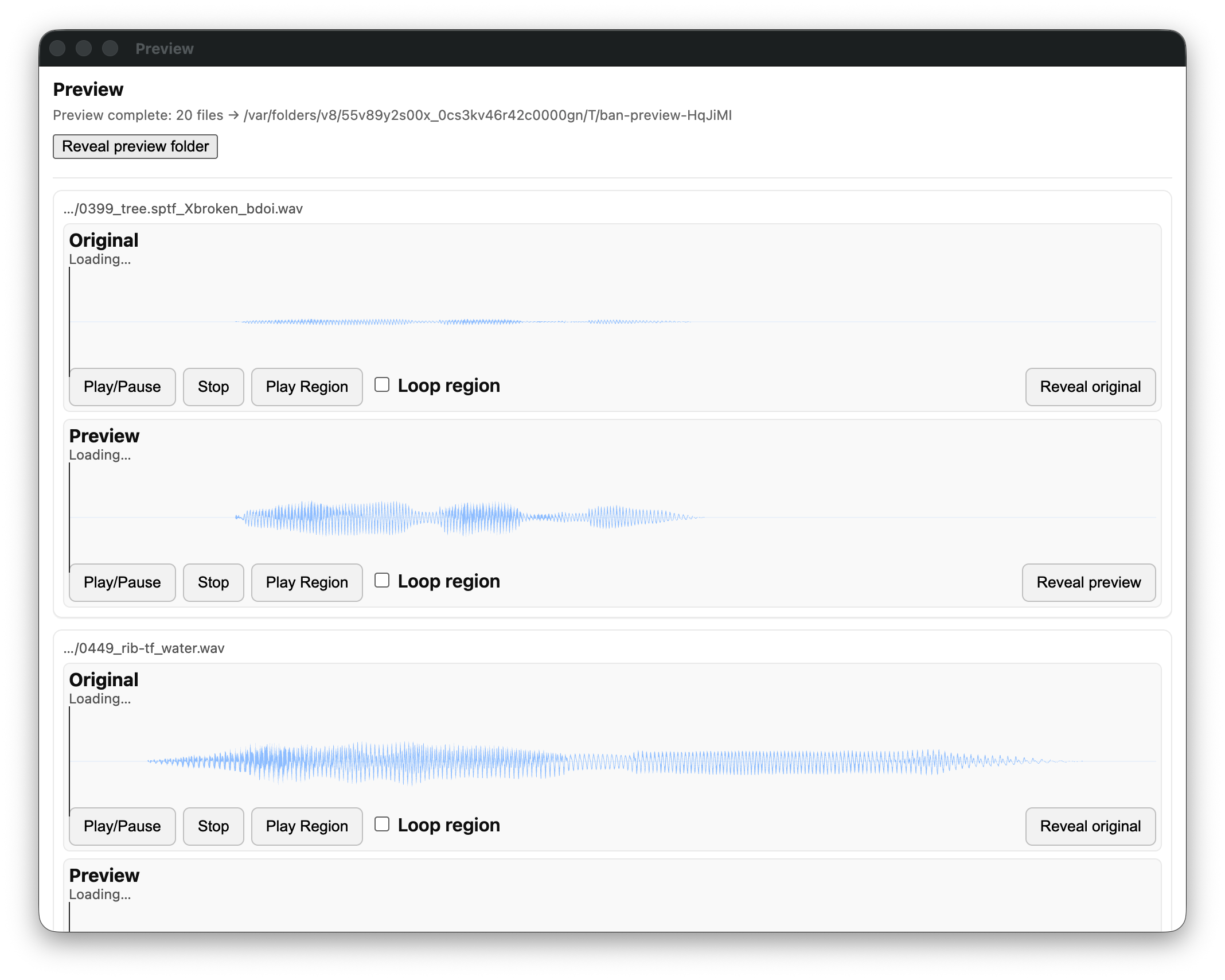 Preview mode with waveform and A/B controls