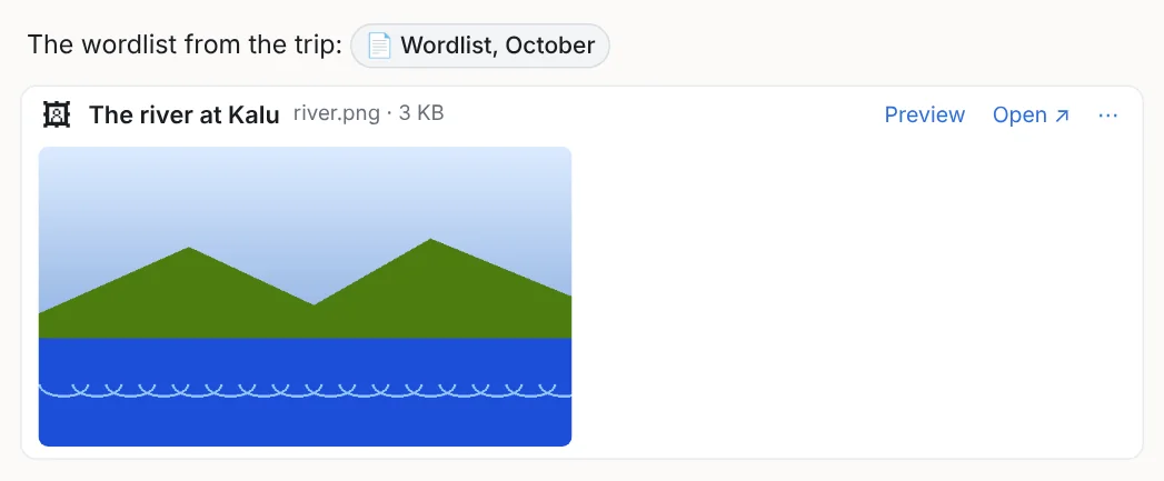 A file chip in a sentence and a picture shown in the note from an attached file