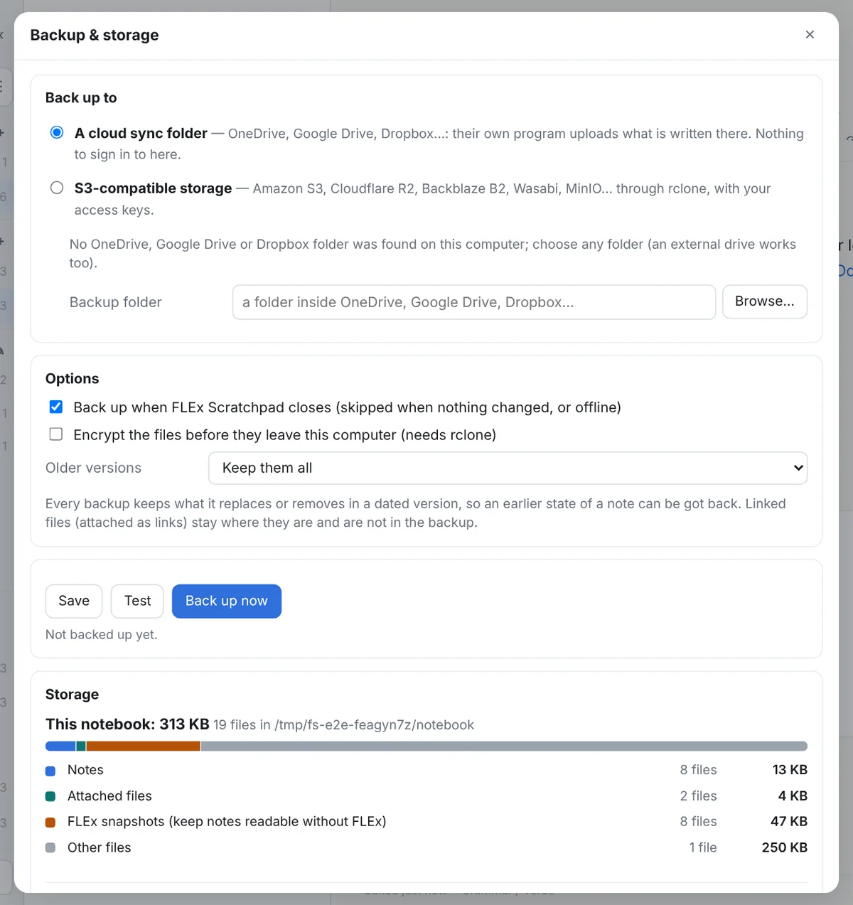 The Backup & storage dialog: a folder or S3 destination, encryption, back up on close, keep old versions, Back up now with its progress bar, the storage breakdown and cleanup
