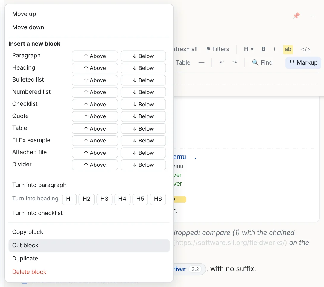 The block menu: insert a new block of each kind, above or below