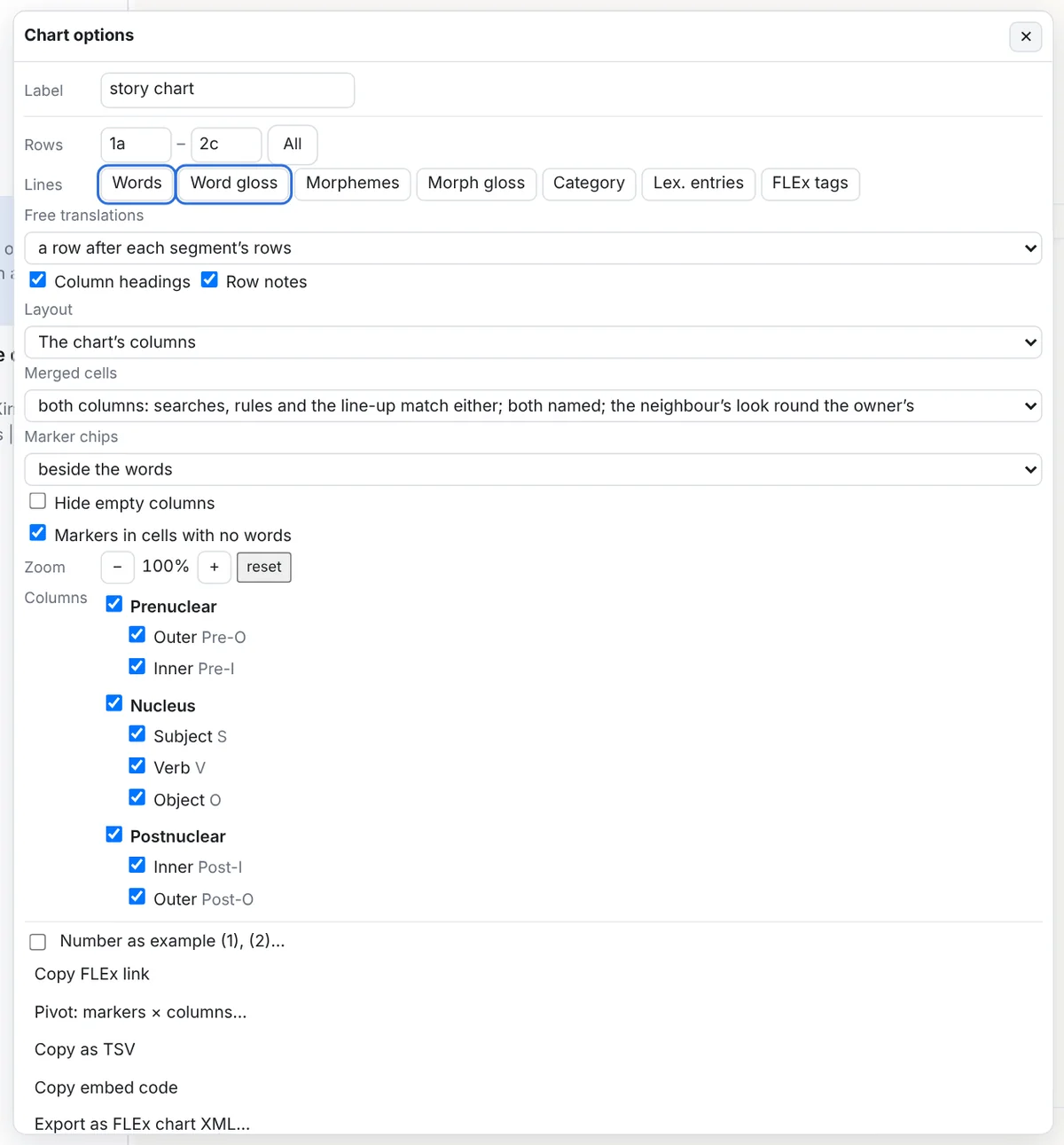 The chart options menu: label, rows, lines, free translations, headings, notes, layout, merged cells, marker chips, zoom, the columns per group, line up on, copy as TSV, exports, change the chart, show as an example, edit source, duplicate, remove