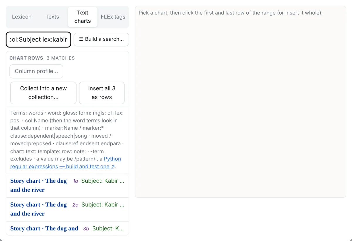 The Text charts view of the FLEx object dialog with col:Subject lex:kabir typed: the matching rows listed under their charts, Insert all, Column profile, Collect into a new collection