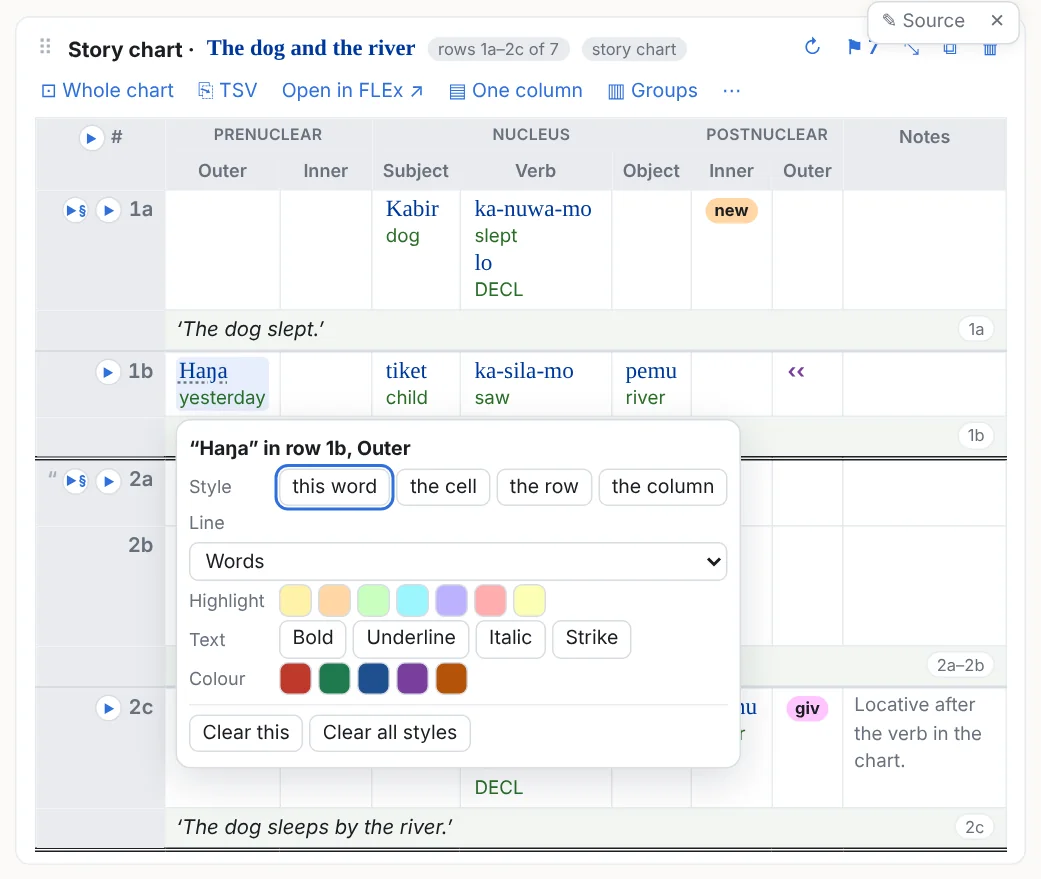 The popover after clicking a word in a chart: style this word, the cell, the row or the column; highlight, bold, underline, italic, strike, colour
