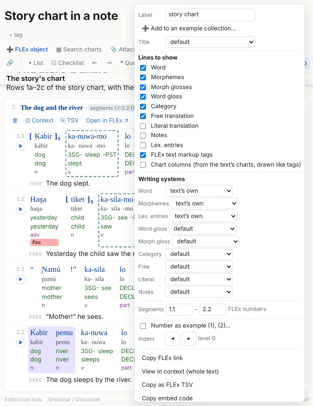 The lines of the chart's rows shown as an interlinear example, with its menu open on Show these lines as a text chart