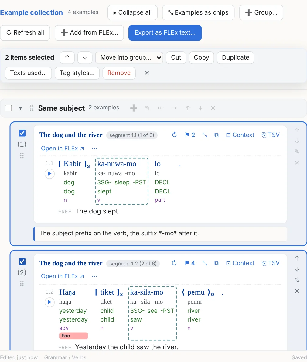Two examples ticked in a collection and the selection bar in the header: move up and down, move into a group, cut, copy, paste, duplicate, tag styles, texts used, remove