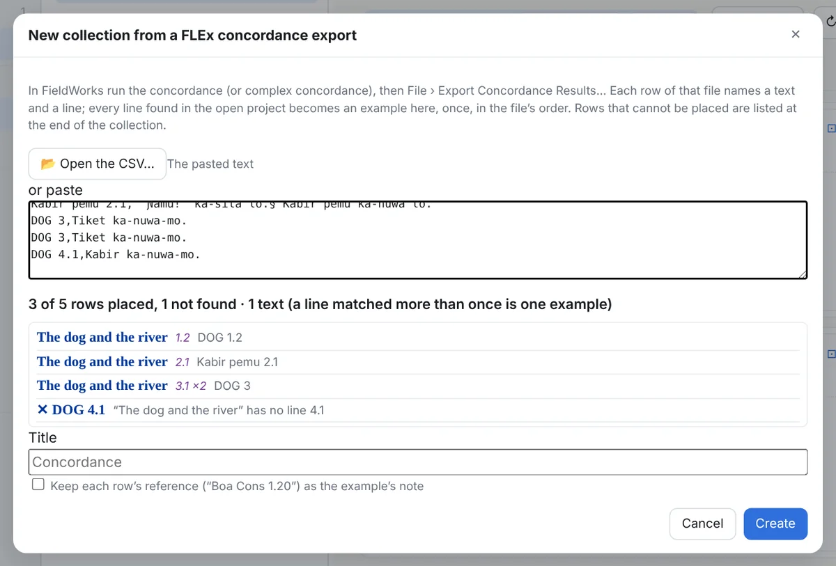 The concordance dialog: the file's rows, each placed (text and line found) or not, the count, the title and the note option