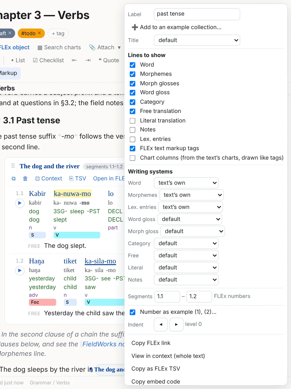 The example's menu: label, lines, writing systems, numbering, indent, range, add to a collection, show as a text chart, duplicate, remove