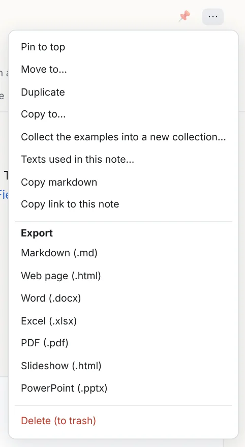 The note menu: Markdown, web page, Word, Excel, PDF, slideshow, PowerPoint