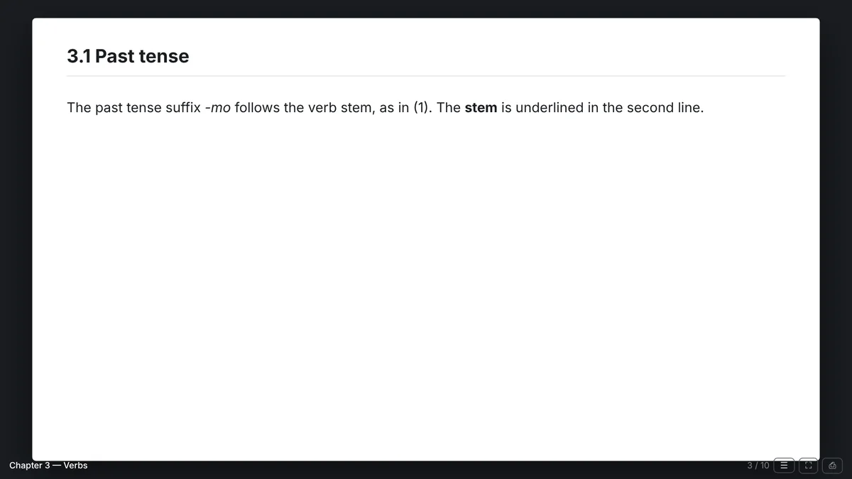 A slide of the slideshow export: the example on a slide of its own, titled by its section