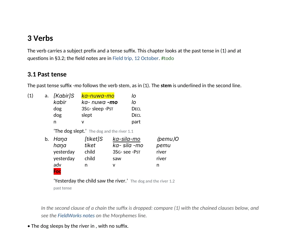 The Word export rendered: the heading, the prose, a numbered interlinear example as a borderless table with the tiers aligned, the grammatical glosses in small capitals, the free translation in quotes, then the text title and line number as a link into FLEx
