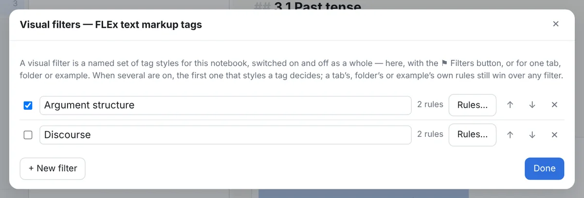 The visual filters dialog: the filters in order with rename, rules and remove