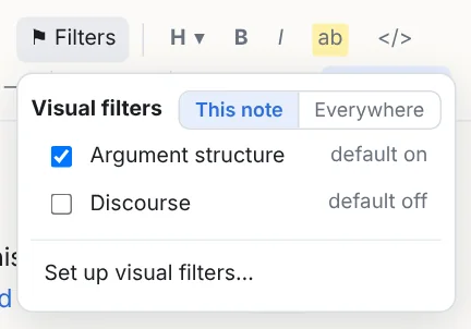 The ⚑ Filters popover: each visual filter with a switch for this note and for everywhere
