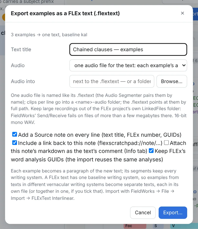 The FLEx text export dialog: the title, the number of examples, the source note option, the audio choice and the audio folder