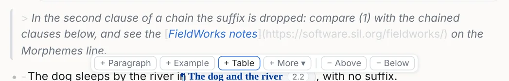 The bar between two blocks: + Paragraph, + Example, + Table, + More, − Above, − Below