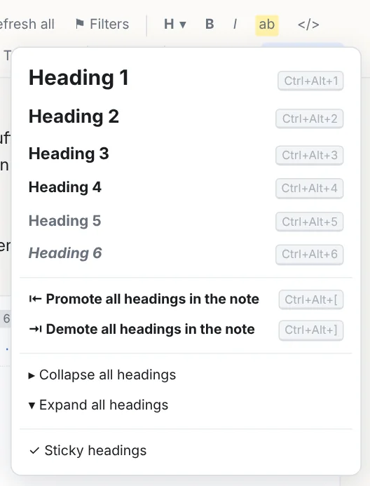 The H menu: heading levels 1 to 6, plain text, promote and demote all headings, collapse and expand all
