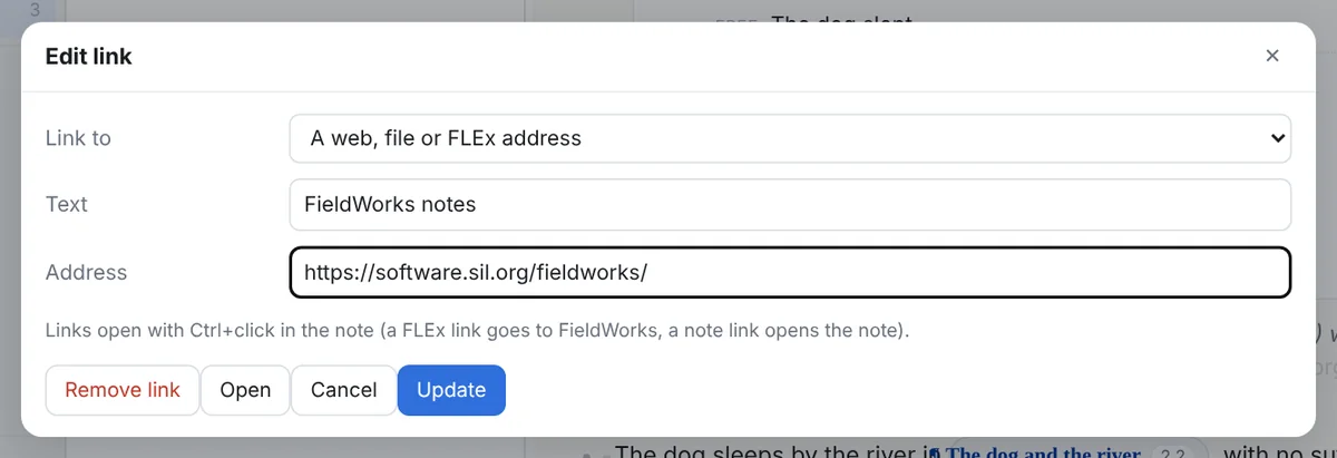 The link dialog: text, address, or another note in this notebook