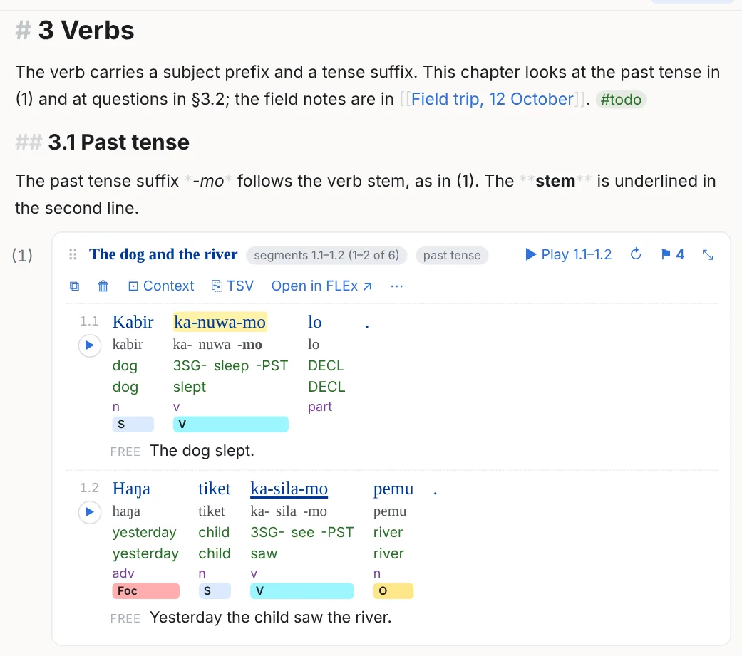 A note with the markup shown faintly: a heading, bold and italic markers, a wiki link, a tag