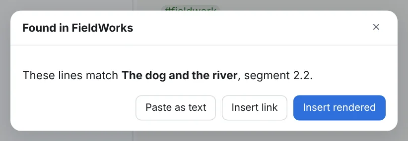 The dialog after pasting FLEx rows: the text and line found, with Insert rendered and Insert as text