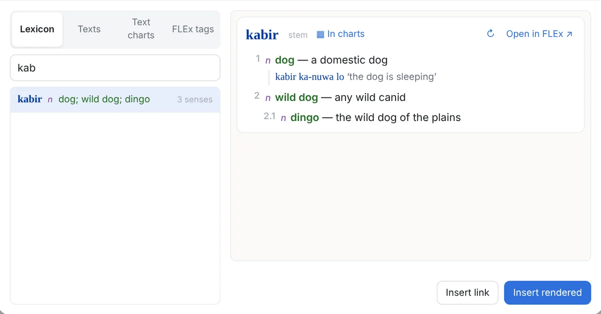The Lexicon view: a search for kab, the entry kabir with its senses in the preview