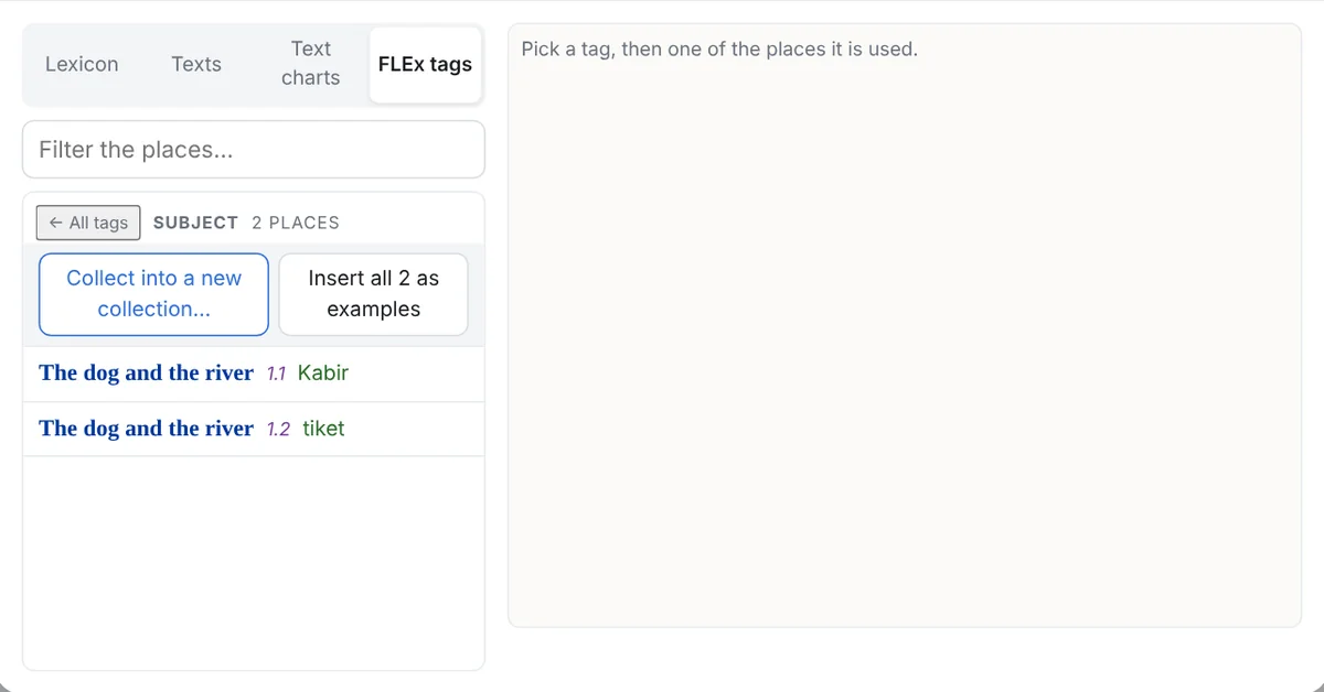 The FLEx tags view: the project's text markup tags as a tree, and every place the chosen tag is used