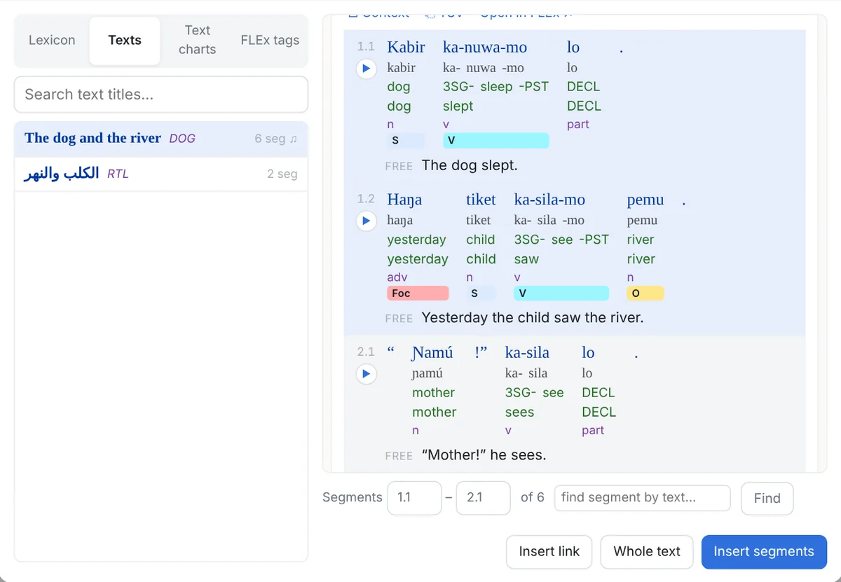 The FLEx object dialog, Texts view: the list of texts, the text's lines with the first and third selected, Insert segments