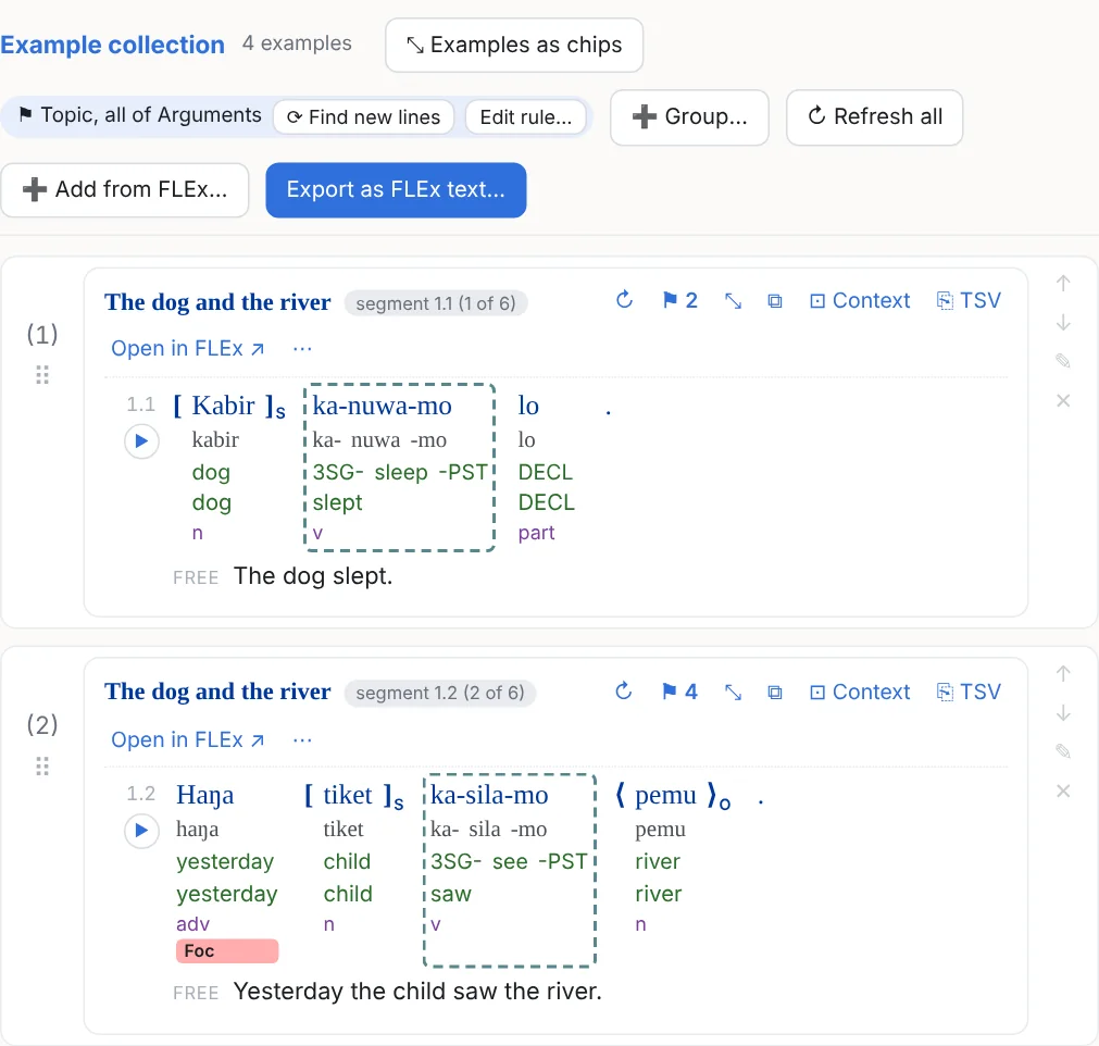 A rule collection: the rule bar under the header names the tags, with Find new lines and Edit rule