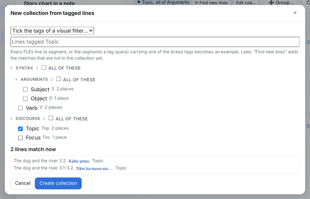 The dialog for a collection from tagged lines: the tag tree with checkboxes, a box per group for all of its tags, the live count and preview, the title