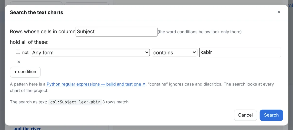 The search builder: in column, a list of conditions with what, how and value, the query shown as text, the live row count