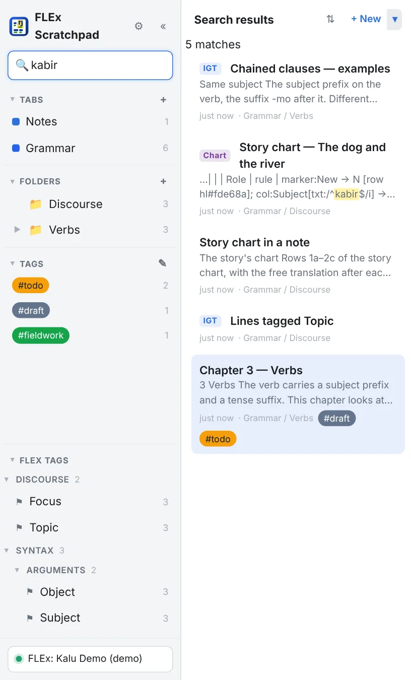 The search box with kabir typed: the note list shows the notes whose examples contain that vernacular word, with highlighted snippets