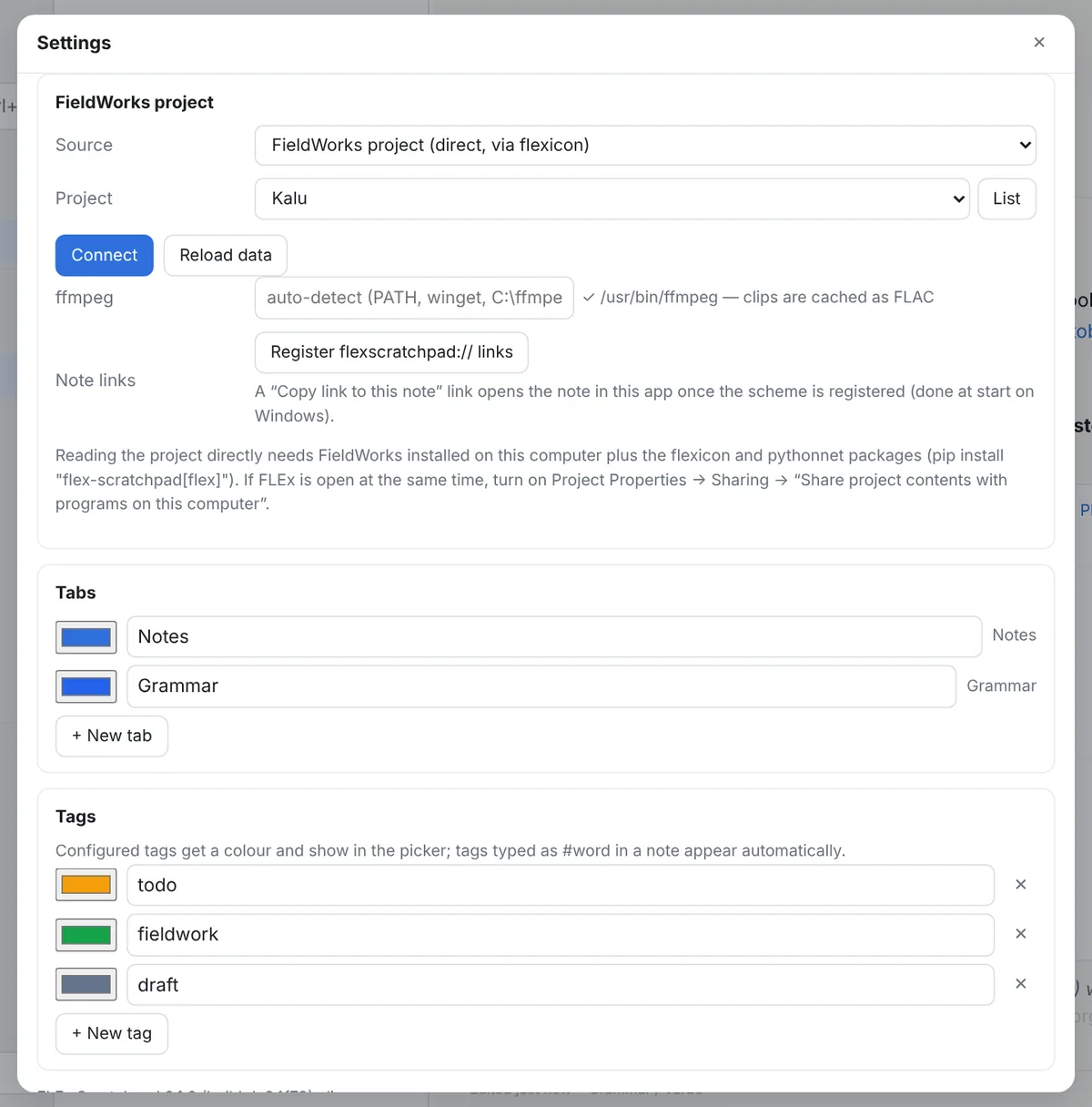 The Settings dialog: the notebook folder, the FLEx project, options, and the links to the tag styles, visual filters and backup
