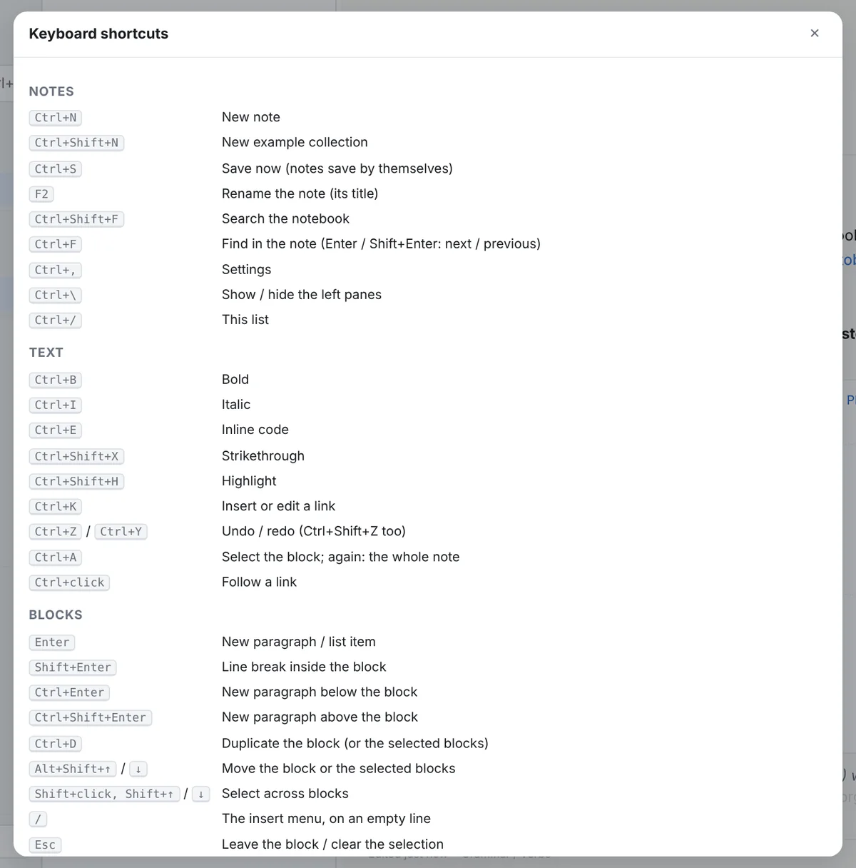 The keyboard shortcuts dialog