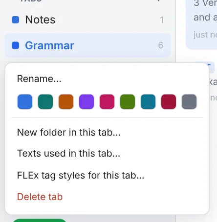 The right-click menu of a tab: rename, colour, move, delete