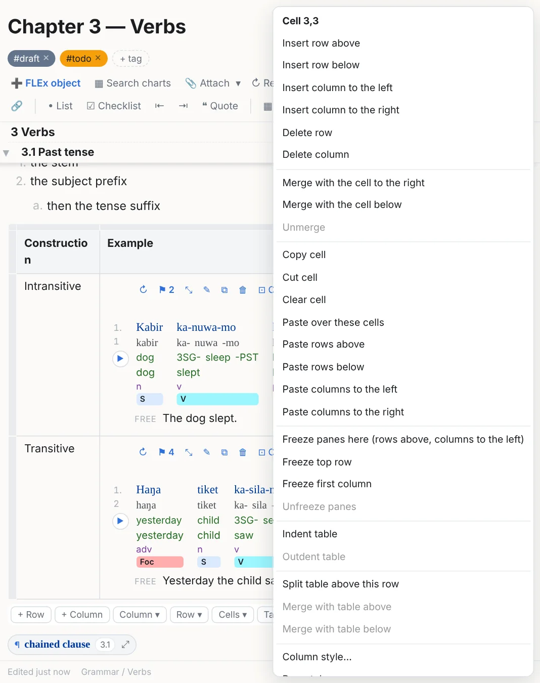 The right-click menu of a table cell: merge, split, copy, paste, insert rows and columns, delete
