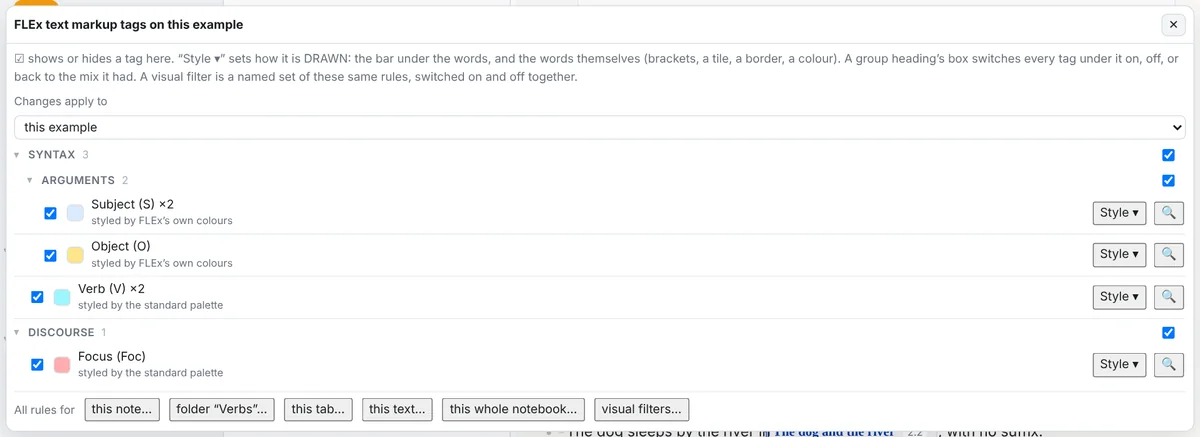 The ⚑ popover of an example: the tags on it as a tree, each with a swatch, where its look comes from, a show/hide box and a Style menu, and the scope select