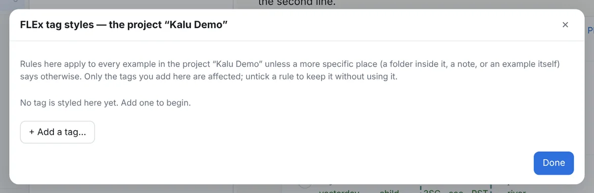 The tag styles dialog for a scope: the rules present, each with its controls, and + Add a tag