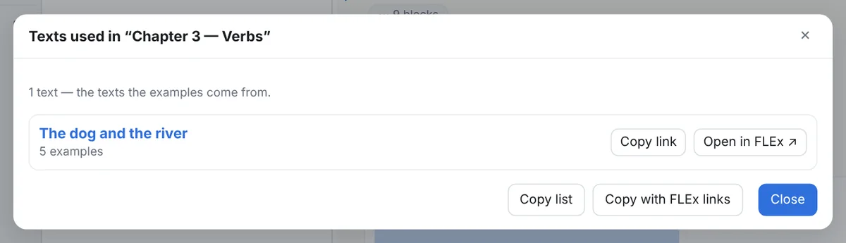 The texts used dialog: one row per source text with its example and link counts and a FLEx link, Copy list and Copy with FLEx links