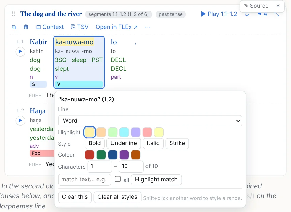 The popover after clicking a word: highlight colours, bold, underline, italic, strike, colour, characters, match text