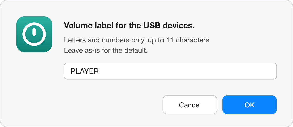 Screenshot: the volume-label dialog