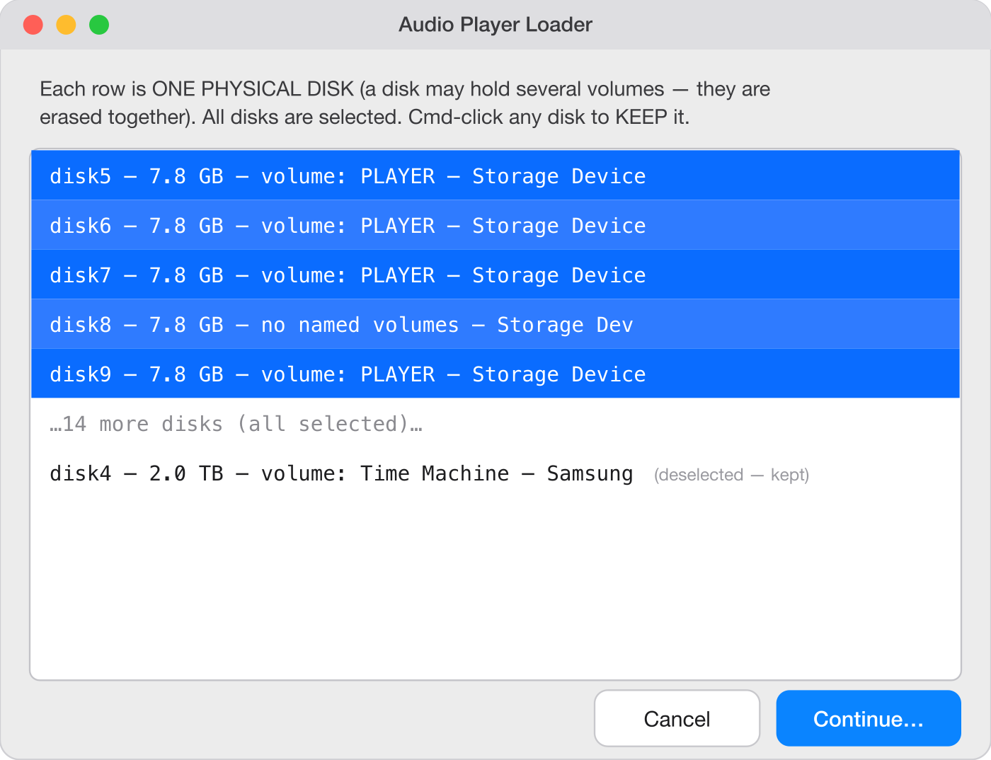 Screenshot: the disk chooser list with all disks selected