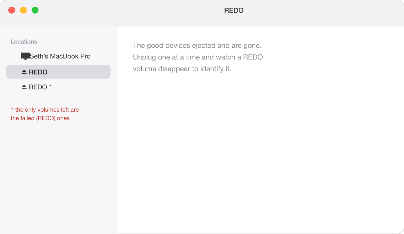 Screenshot: Finder sidebar showing only REDO volumes under the Mac's name