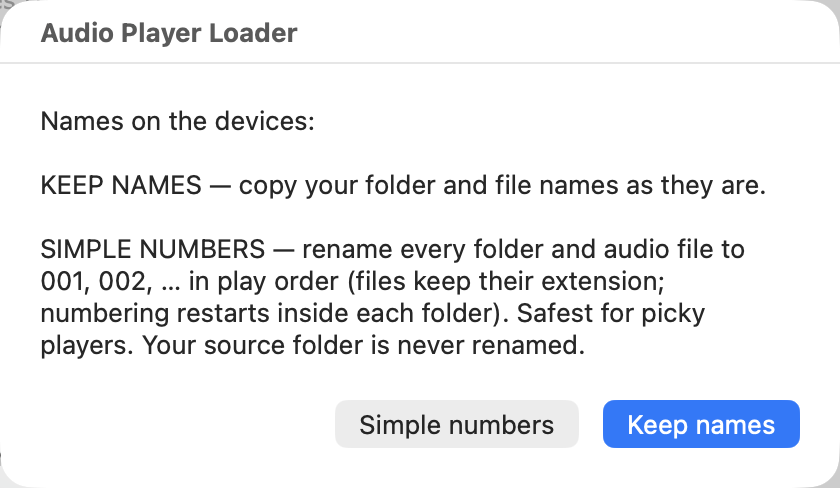 Screenshot: the names-on-the-devices dialog with Simple numbers and Keep names buttons