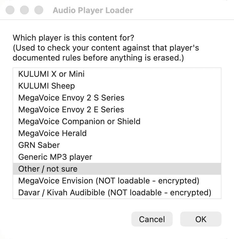 Screenshot: the player picker list with the documented player families