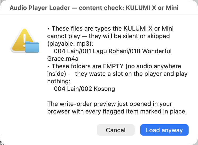 Screenshot: the content-check caution dialog listing flagged files with Cancel and Load anyway buttons