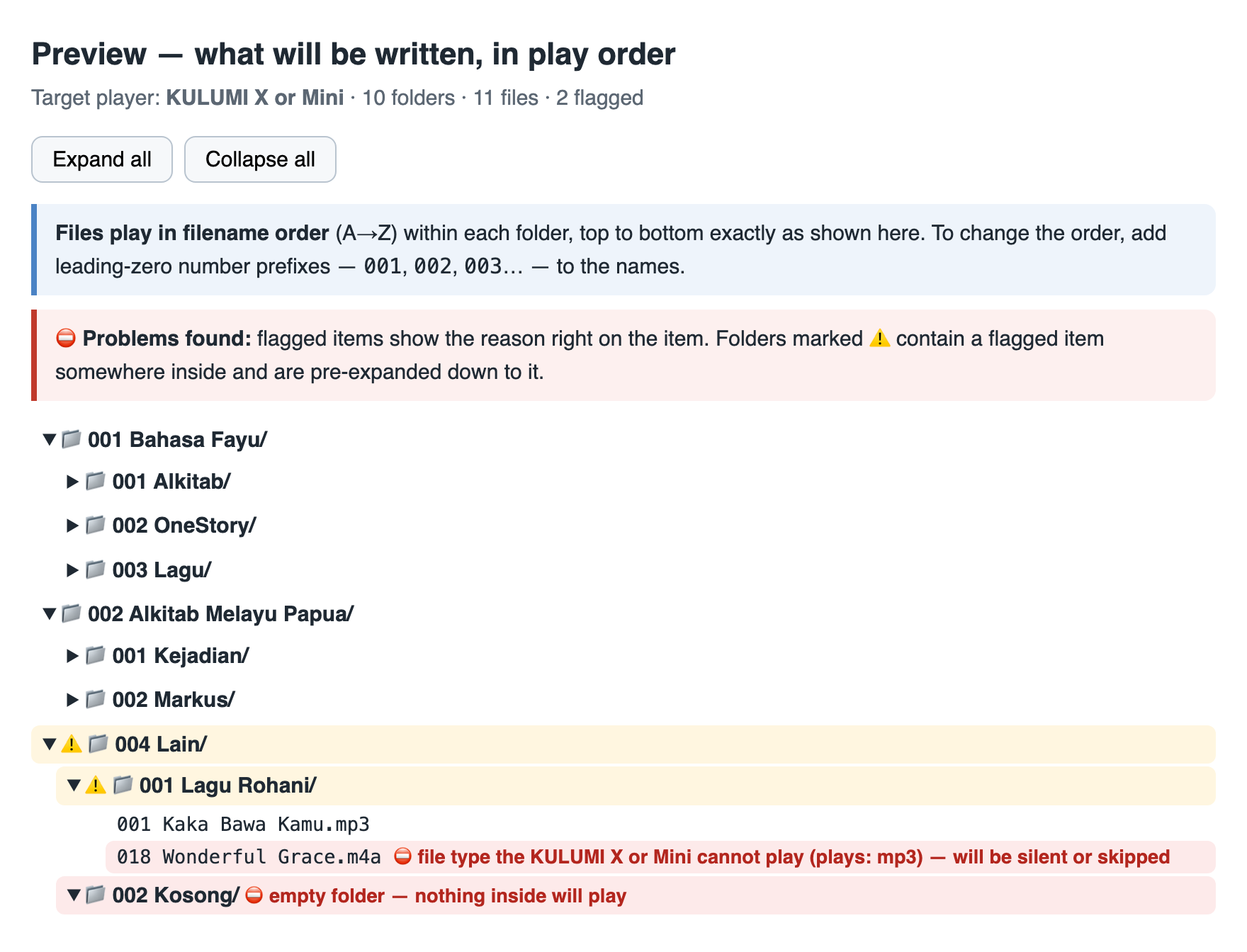 Screenshot: the flagged write-order preview with problem items marked in red and parent folders marked with warning icons