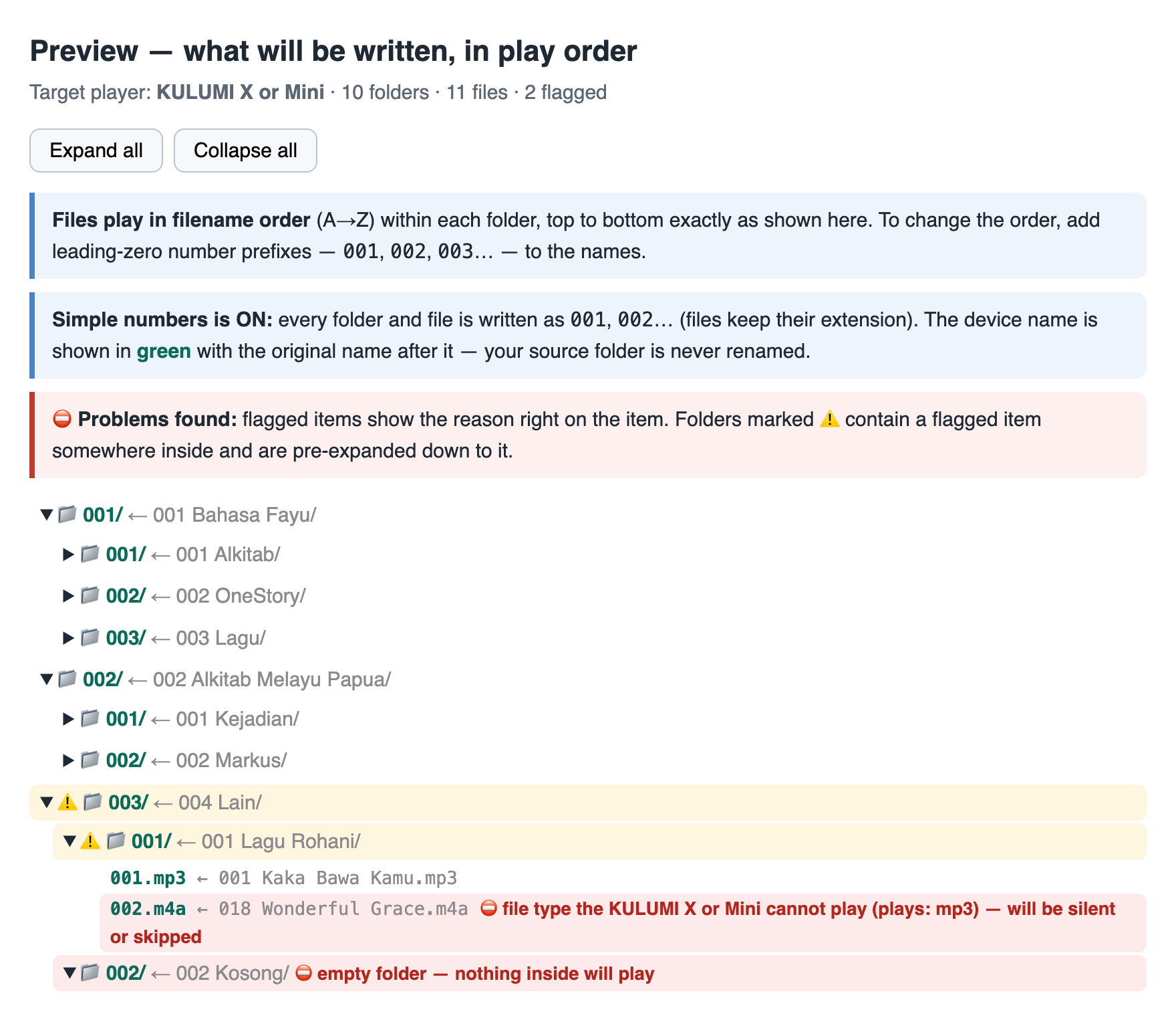 Screenshot: the write-order preview page with simple numbers on — each row shows the new device name first, in green, with the original name after it
