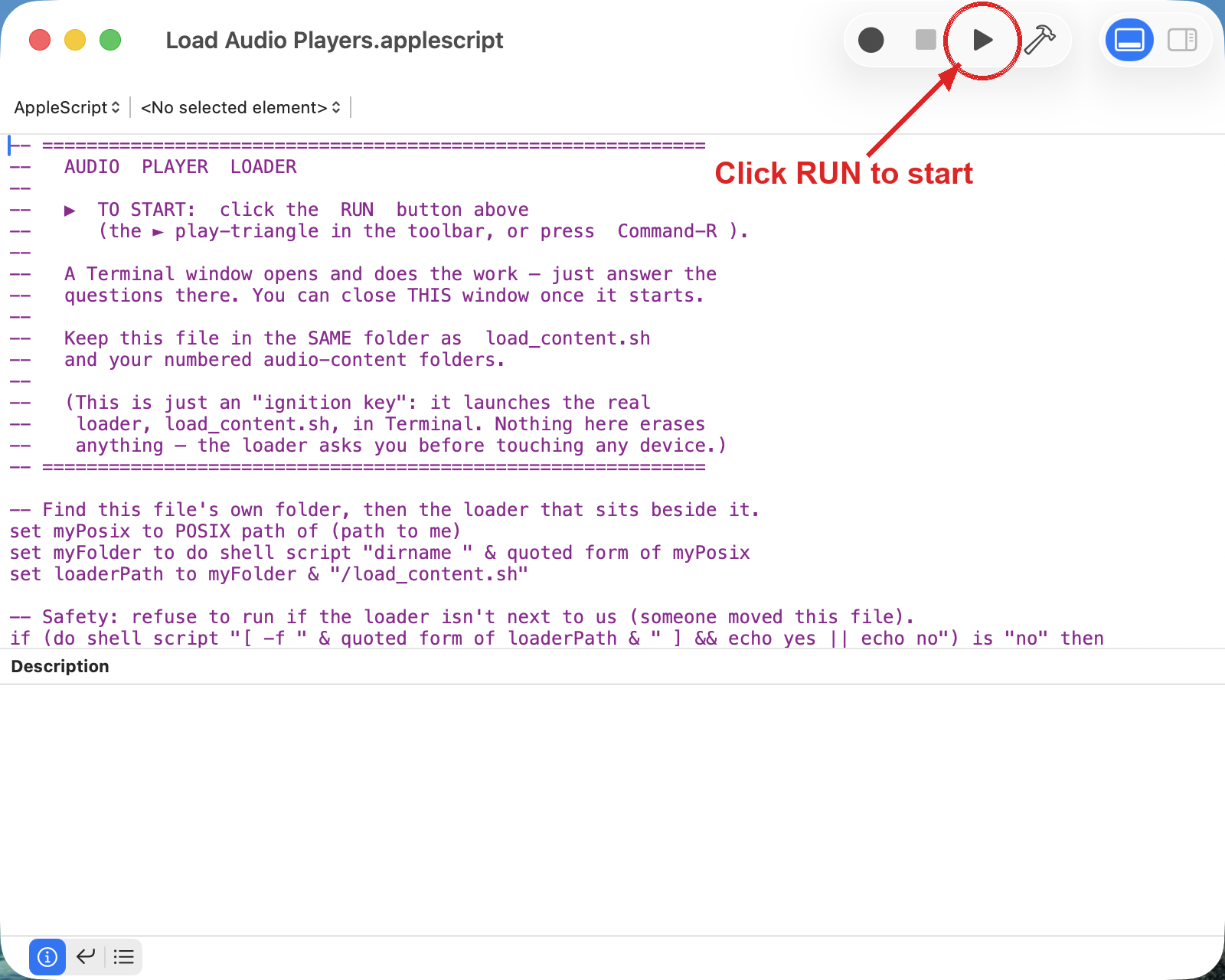 Screenshot: the Load Audio Players launcher open in Script Editor with the Run button circled