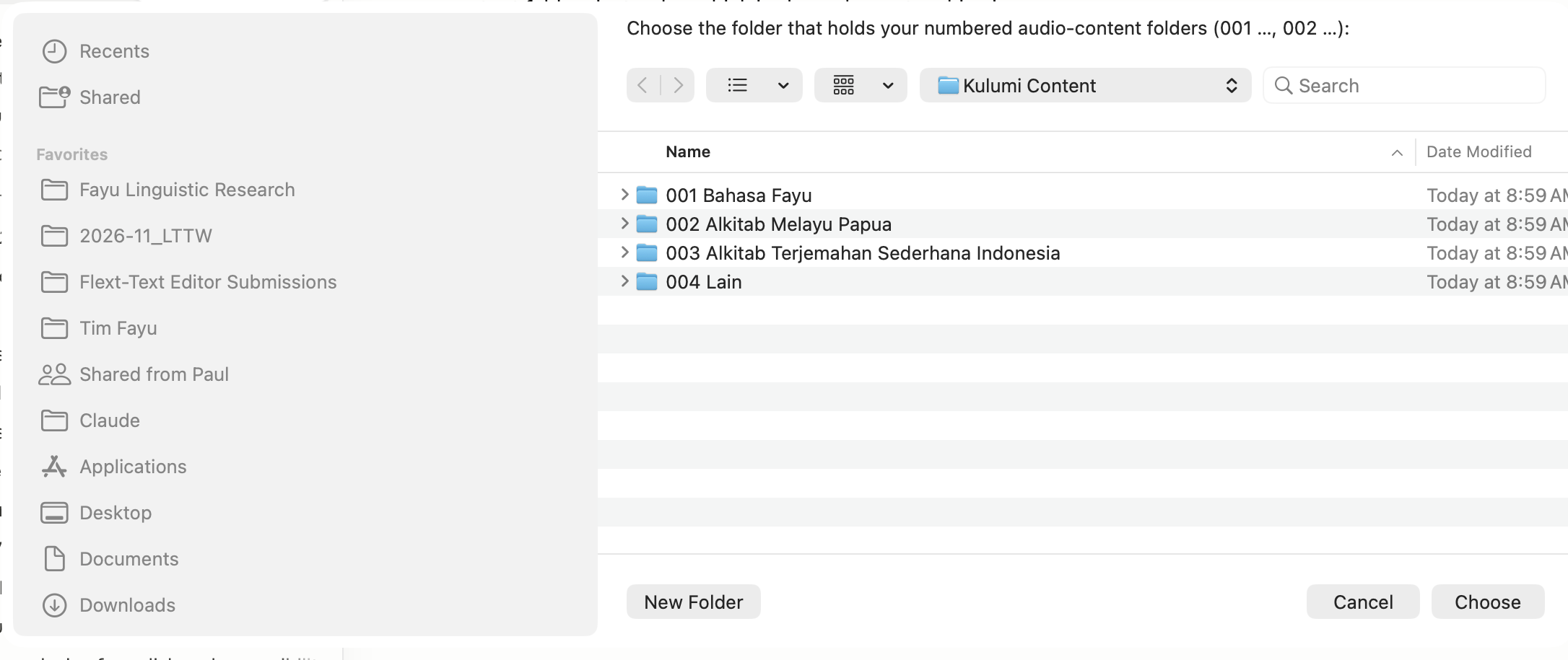 Screenshot: the Choose Folder window showing the numbered content folders to pick