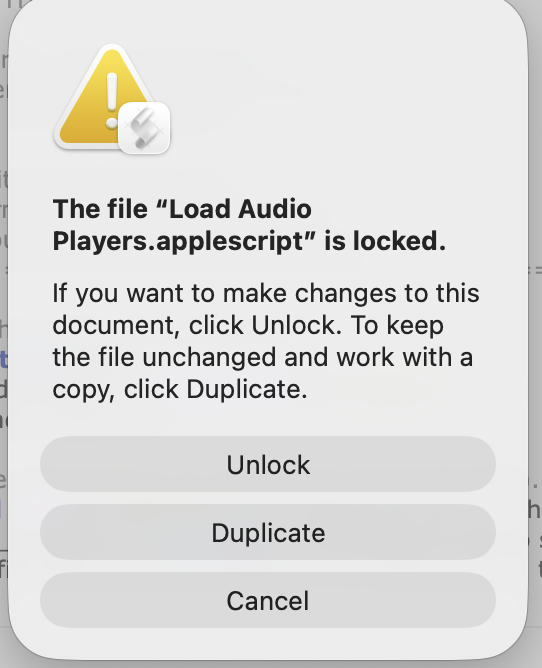 Screenshot: the Script Editor 'The file Load Audio Players.applescript is locked' notice — click Cancel