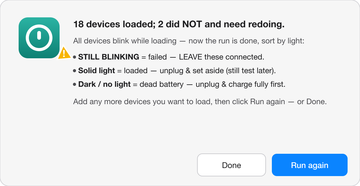 Screenshot: the Run again dialog after a run where some devices failed